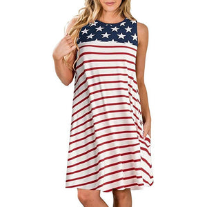 American Flag Print   O-Neck   Mini Dress