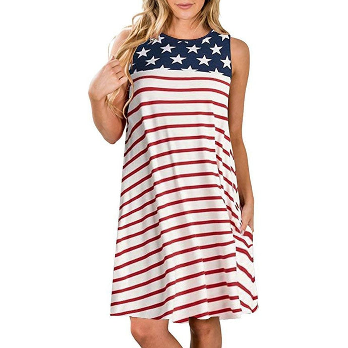 American Flag Print   O-Neck   Mini Dress